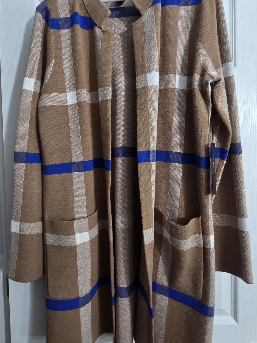 Tahari Camel Plaid Open-Front Coatigan with Blue Stripes